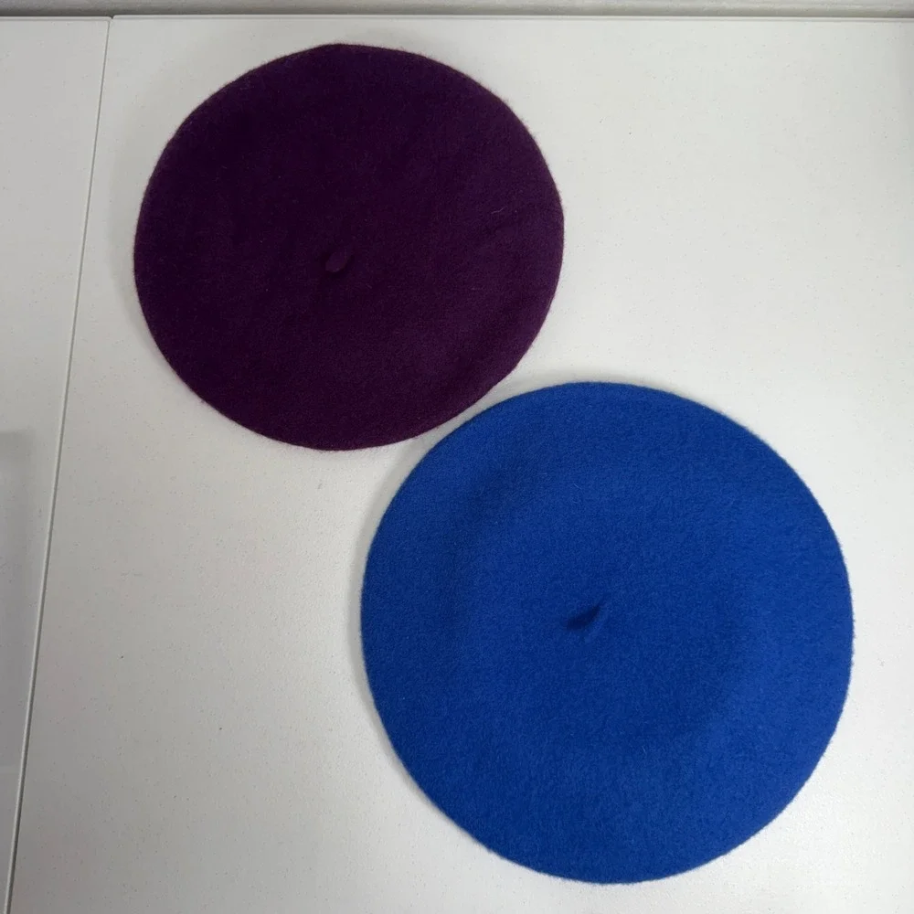Chic Parisian Beret Hat Set 2 100% Wool Blue Purple French Artist Dark Academia